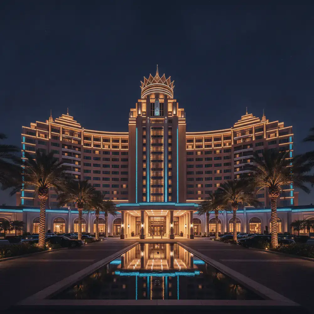 Fachada del Royal Harbor Casino Resort iluminada de noche