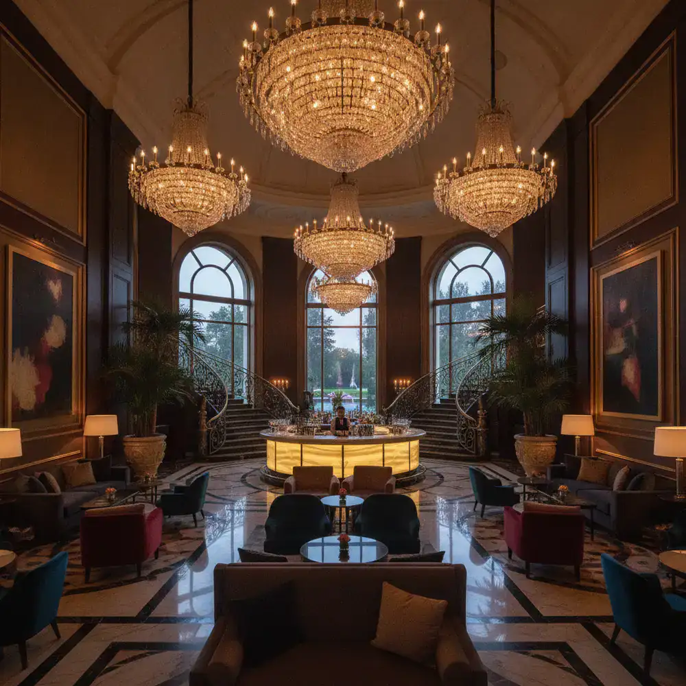 Elegante lobby de un resort casino con lámparas de araña