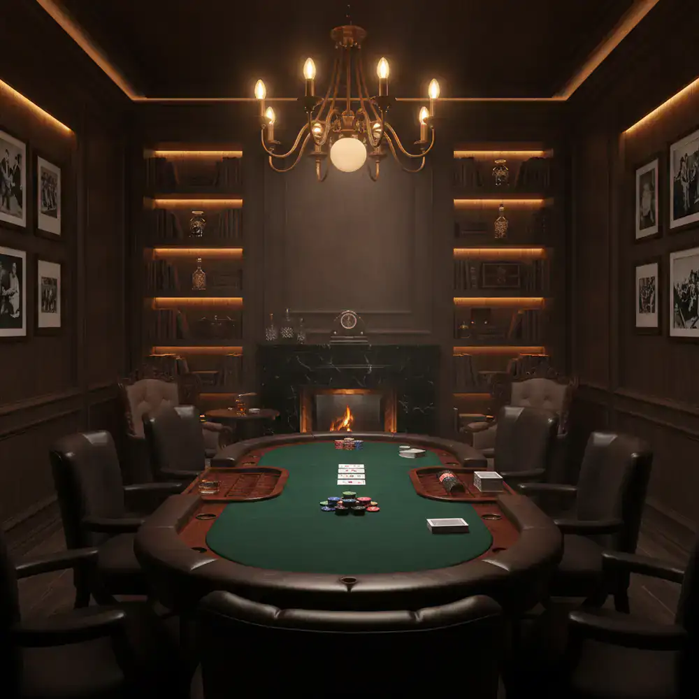Salón privado de póker con diseño elegante y atmósfera relajada