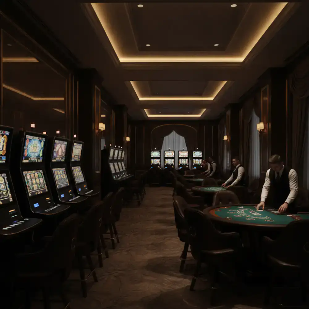 Área bien iluminada de slots y mesas clásicas